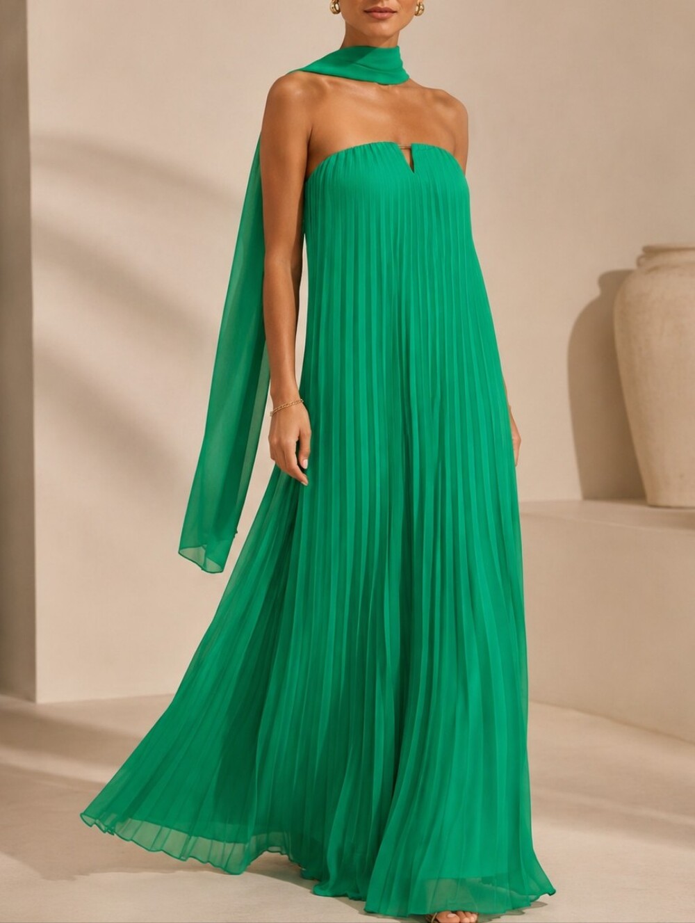 Lulus Lael Green Pleated Strapless Maxi Dress Scarf Set NWT Modern Romantic